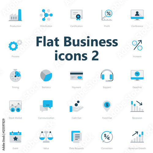 Set of blue and grey flat business icons isolated on light background.