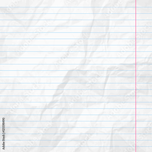 Realistic white lined sheet of notepad crumpled paper background. Vector illustration