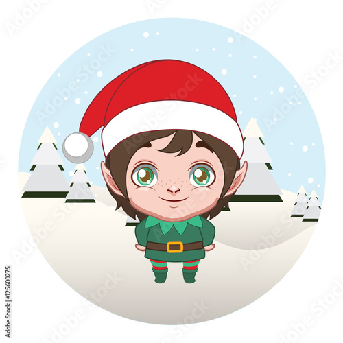 Cute little elf with winter scene background