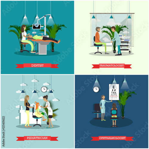Vector banners set with patients, doctors and hospital interiors. Health care medicine concept.