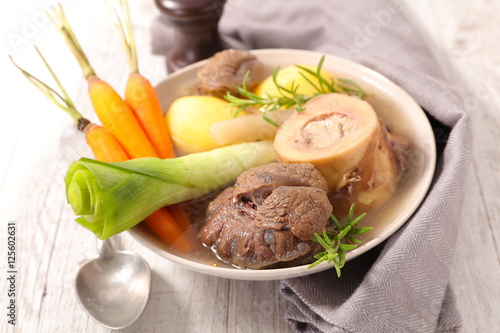 pot au feu,beef stew with broth and vegetable
