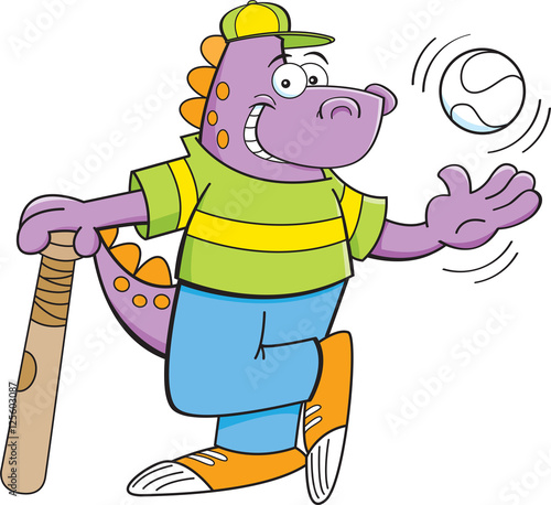 Cartoon illustration of a dinosaur tossing a baseball.