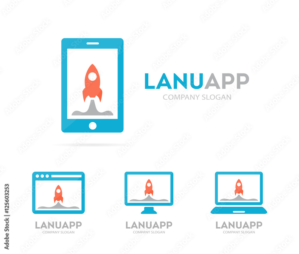 Vector spaceship and phone logo combination. Rocket and mobile symbol or icon. Unique target and science logotype design template. Vector spaceship and phone logo combination. Rocket and mobile symbol or icon. Unique target and science logotype design template.
