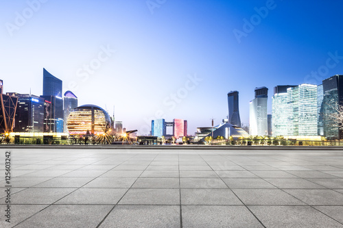 cityscape and skyline of hangzhou new city from empty floor