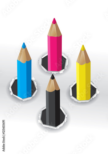 CMYK colors pencils.
Ripped paper hole with colorful pencils. Concept for presenting graphic design and color printing. Vector available.