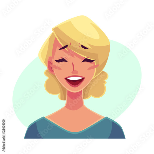 Pretty blond woman, laughing facial expression, cartoon vector illustrations isolated on blue background. Beautiful woman laughing out load with closed eyes and open mouth. Laughing face expression