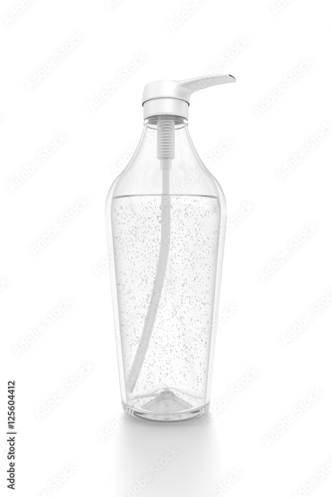 White cosmetic bottle dispenser pump with tube transparent bubble liquid filled container from closeup angle. White cosmetic bottle dispenser pump with tube transparent bubble liquid filled container from closeup angle.