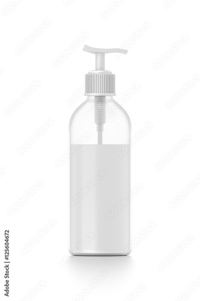 White cosmetic bottle dispenser pump with tube transparent white liquid filled container from front angle. White cosmetic bottle dispenser pump with tube transparent white liquid filled container from front angle.