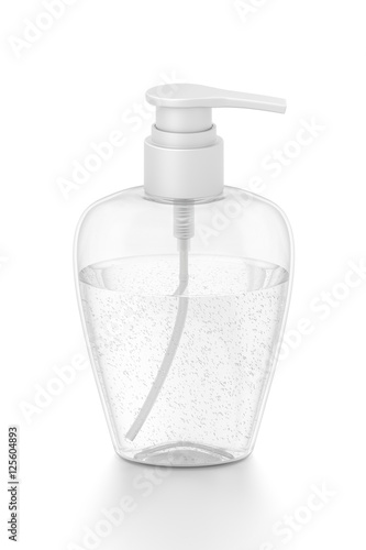 White cosmetic bottle dispenser pump with oval transparent bubble liquid filled container from front top angle.