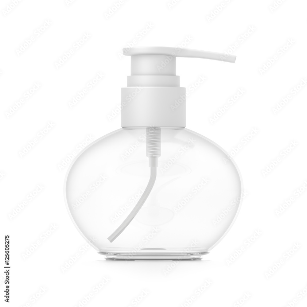 Fototapeta premium White cosmetic bottle dispenser pump with round transparent empty container from front angle.