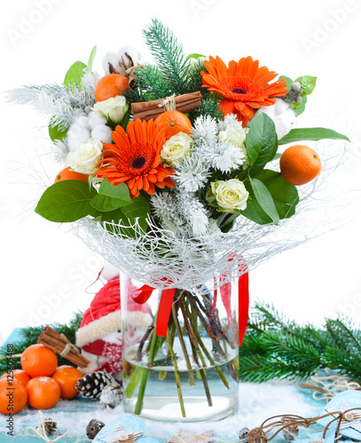 Fototapeta Naklejka Na Ścianę i Meble -  Christmas bouquet of fresh flowers and fruit, isolated on white