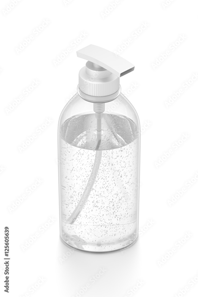 White cosmetic bottle dispenser pump with tube transparent bubble liquid filled container from isometric angle.