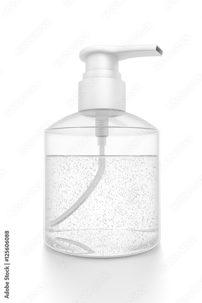White cosmetic bottle dispenser pump with tube transparent bubble liquid filled container from closeup angle. White cosmetic bottle dispenser pump with tube transparent bubble liquid filled container from closeup angle.