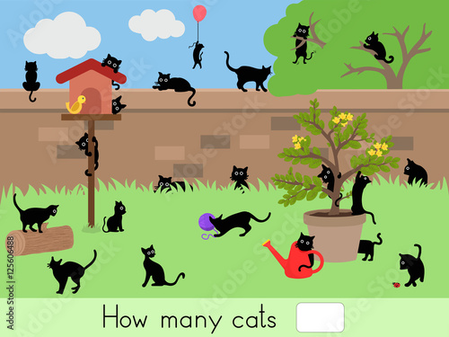 Counting educational children game, kids activity sheet. How many cats - Worksheet for education