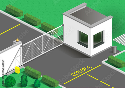 Isometric building guards or customs point. Entry transport zone. Vector graphics