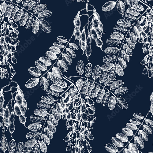 Seamless pattern with hand drawn Black Locust sketch. Vector Background with blue Robinia flowers.Vintage Floral illustration.