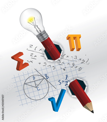 Playful mathematics concept.
Torn paper with mathematics formulas and pencil.Vector available.
