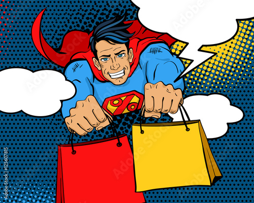 Pop art superhero. Young happy man in a superhero costume with a percent sign on the chest flies with shopping bags and speech bubbles. Vector illustration in retro pop art comic style.