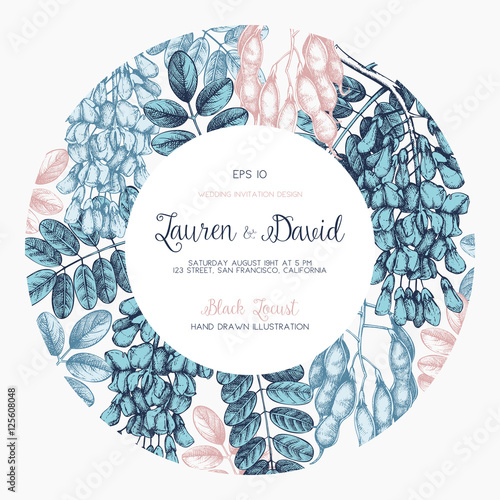 Wedding invitation template. Vintage greeting card with hand drawn Black Locust sketch. Vector frame with delicate Robinia flowers. Save the Date.