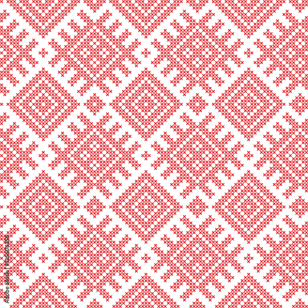 Seamless Russian folk pattern, cross-stitched embroidery imitation. Patterns consist of ancient Slavic amulets. Swatch included in vector file. Seamless Russian folk pattern, cross-stitched embroidery imitation. Patterns consist of ancient Slavic amulets. Swatch included in vector file.