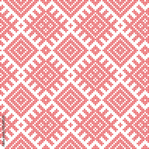 Seamless Russian folk pattern, cross-stitched embroidery imitation. Patterns consist of ancient Slavic amulets. Swatch included in vector file.