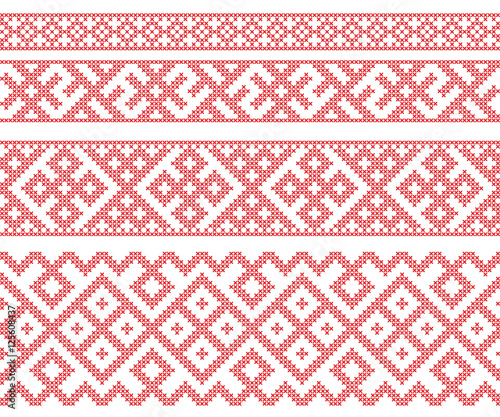 Seamless Russian folk patterns, cross-stitched embroidery imitation. Patterns consist of ancient Slavic amulets. 