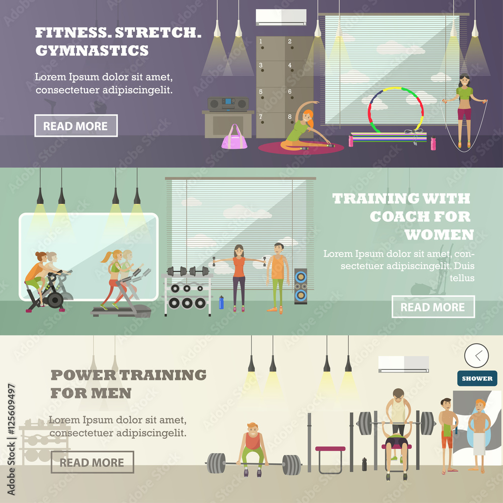 Fitness center horizontal banners set. Sport equipment and accessories. Training concept vector illustration.