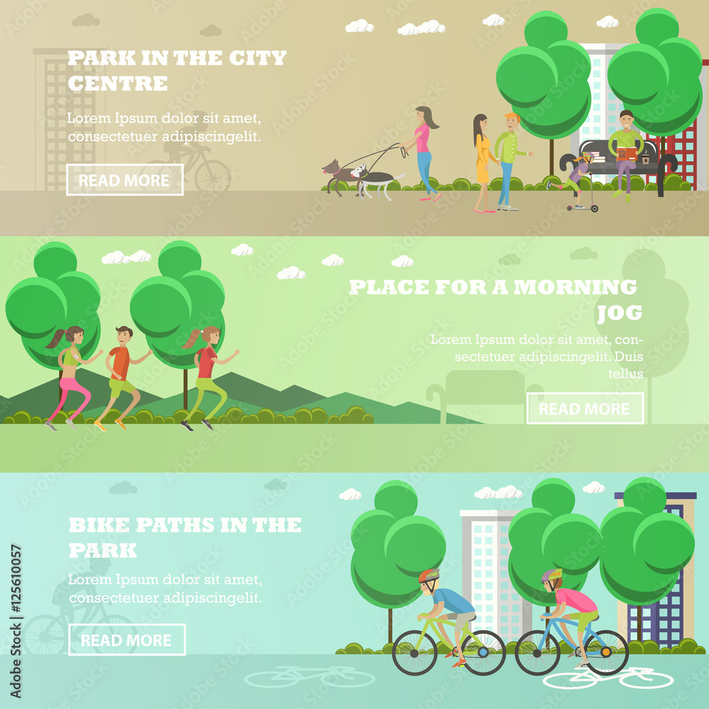 Vector set of People in park concept banners. Running, walking out dogs, cycling. Vector set of People in park concept banners. Running, walking out dogs, cycling.