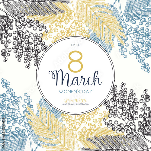 Women's Day greeting card or invitation design. Vector background with hand drawn Silver Wattle tree - Mimosa sketch. Vintage wedding Template. Save the Date. 8 March