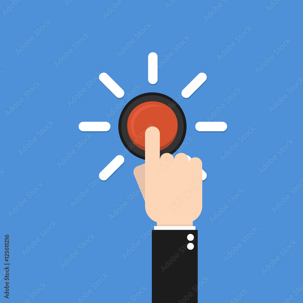 Press red button. Bright red button. Concept of buy now and dele Press red button. Bright red button. Concept of buy now and dele