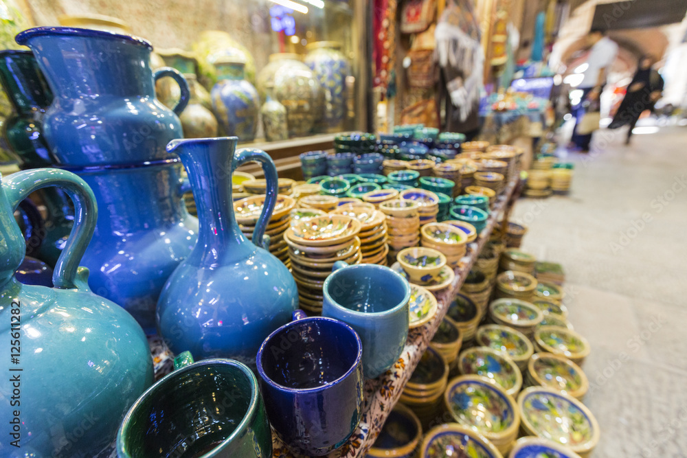 traditional iranian souvenirs in market (Bazaar) in Isfahan, Iran. 