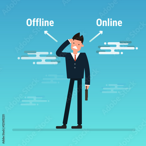 online of offline concept with businessman standing confuse to c