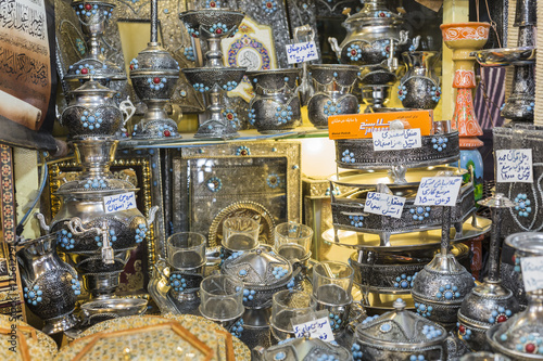 Traditional iranian market (Bazaar) metal souvenires, lamps. photo