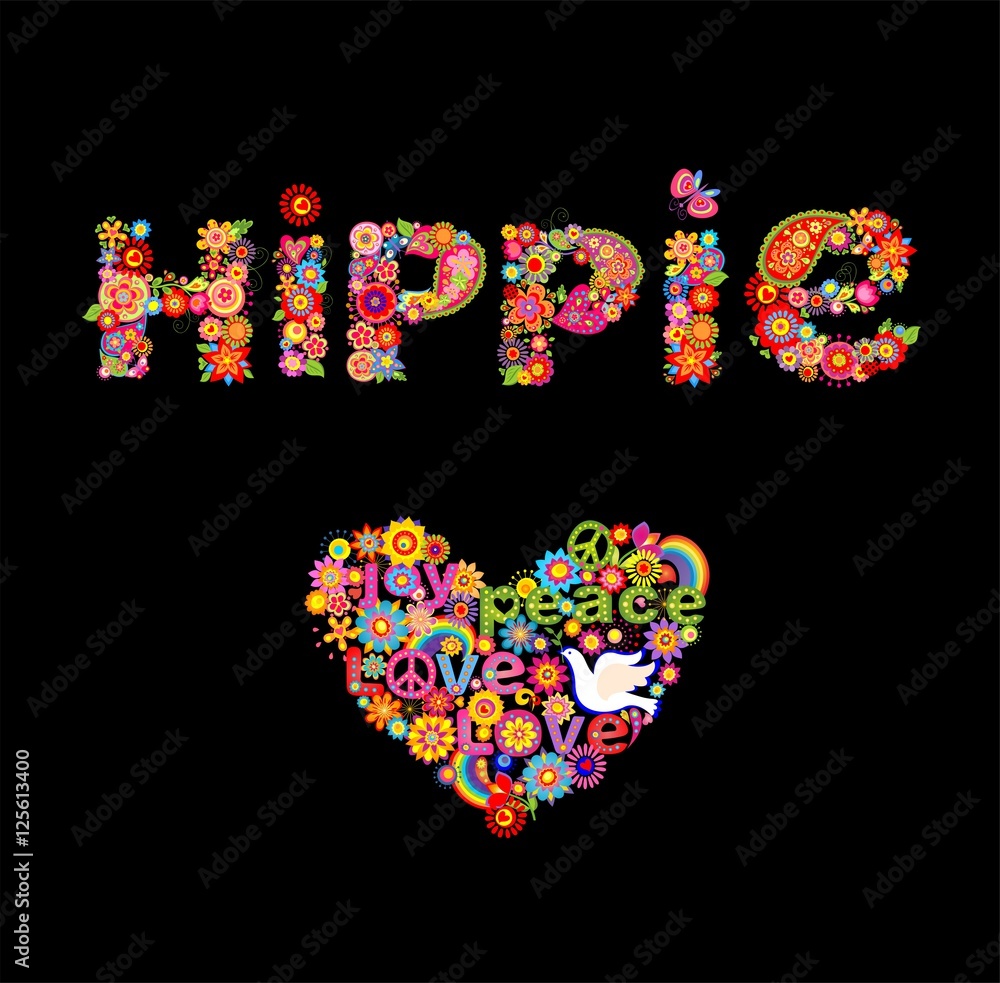 Print with hippie flowers lettering and heart shape