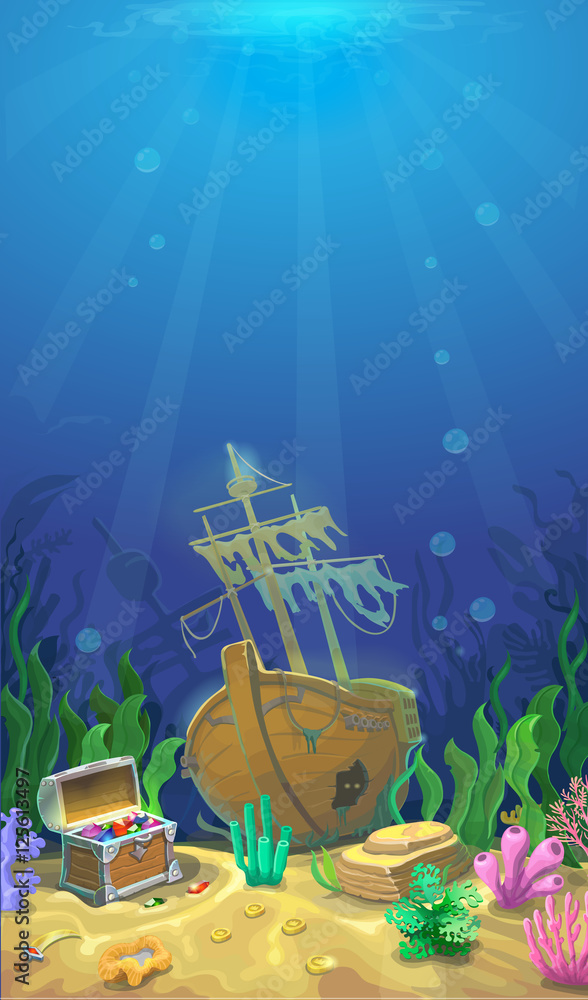 Underwater landscape. The ocean, undersea world. pirate chest with treasures and sunken ship. Underwater landscape. The ocean, undersea world. pirate chest with treasures and sunken ship.