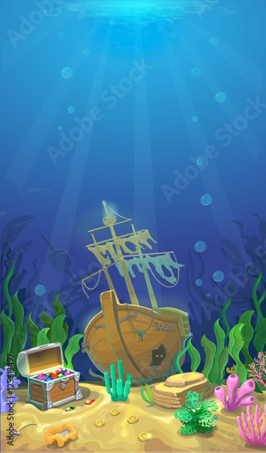 Underwater landscape. The ocean, undersea world. pirate chest with treasures and sunken ship.
