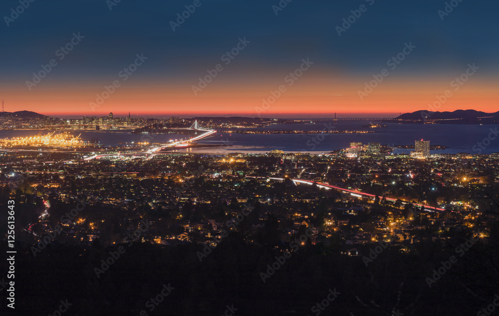 Panorama Night View of San Francisco Bay, East Bay, Oakland, Mon