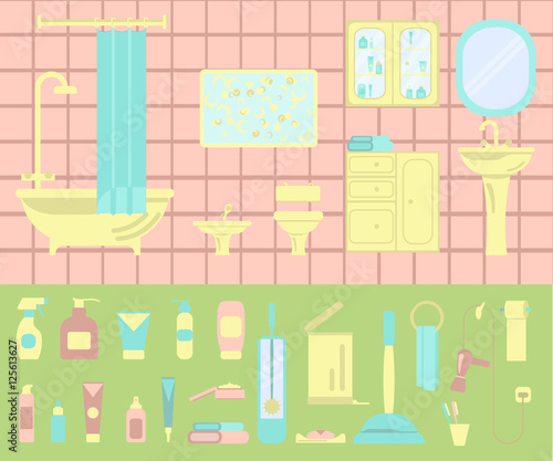 Bathroom interior and set of bath icons. Simple elements for infographic in flat design. Vector Isolated