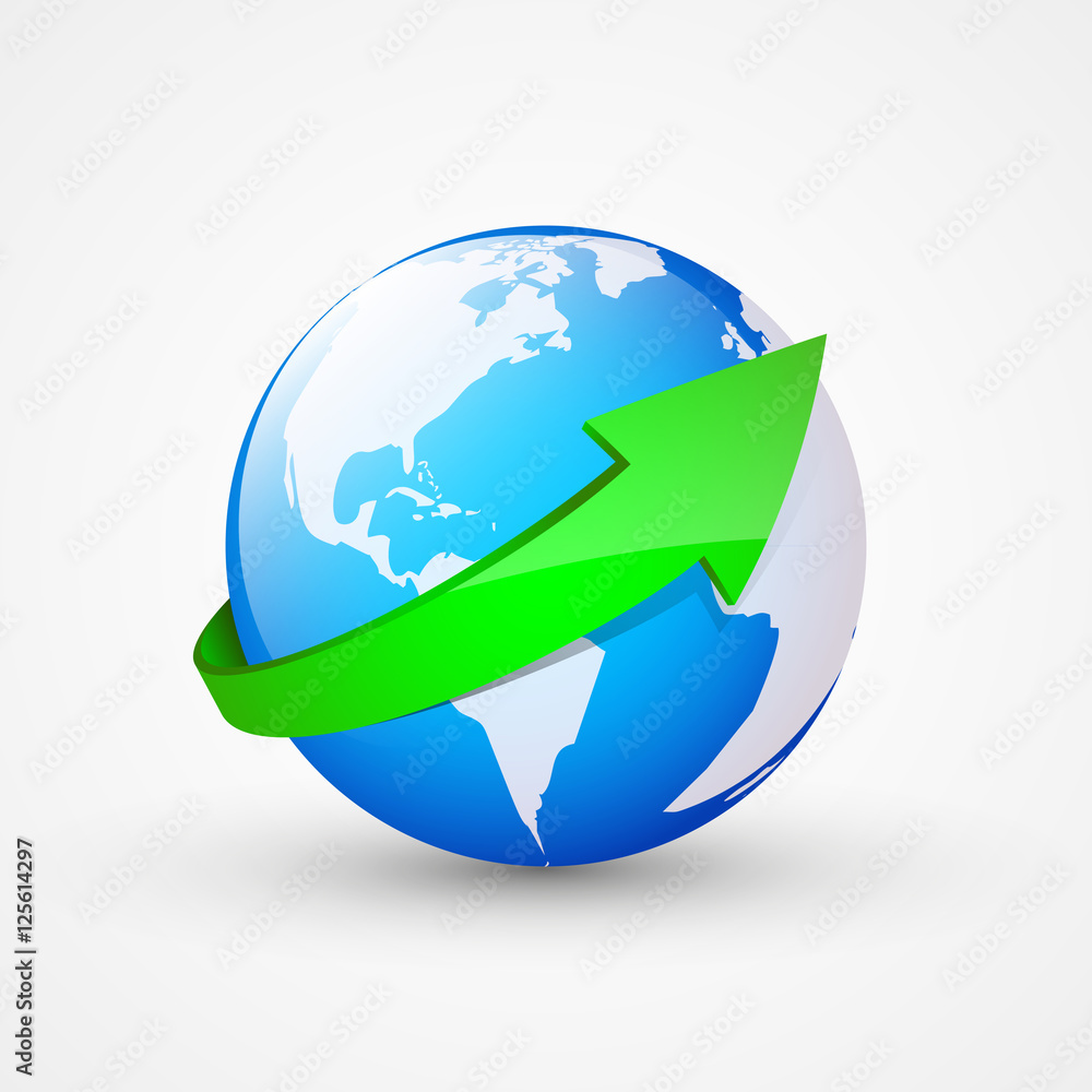 Naklejka premium Blue earth and green arrow, vector illustration