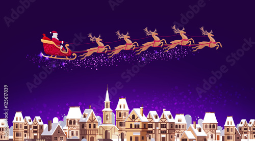Santa Claus in sleigh pulled by reindeer flying over city. Christmas vector