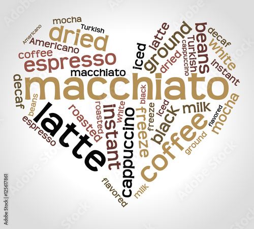 Macchiato word cloud concept in shape of heart on gradient background. 