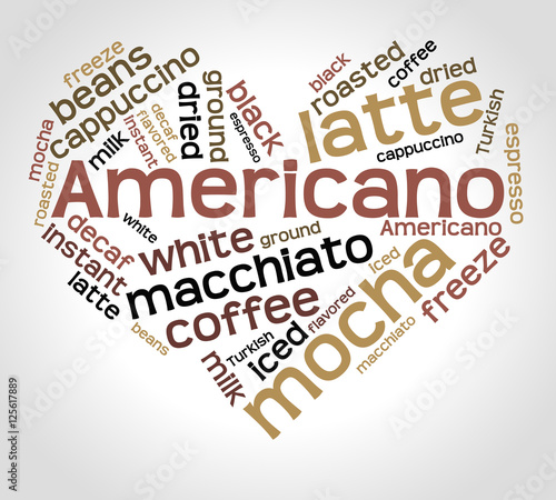 Americano word cloud concept in shape of heart on gradient background. 