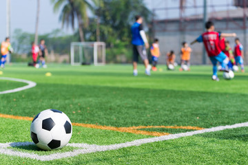 football in green grass with background Training children in Soc