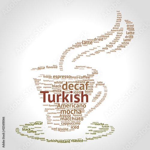 Turkish word cloud concept in shape of cup on gradient background. Vector illustration.