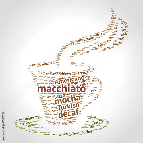Macchiato word cloud concept in shape of cup on gradient background. Vector illustration.
