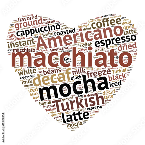 Macchiato word cloud concept in shape of heart on white background. Vector illustration.