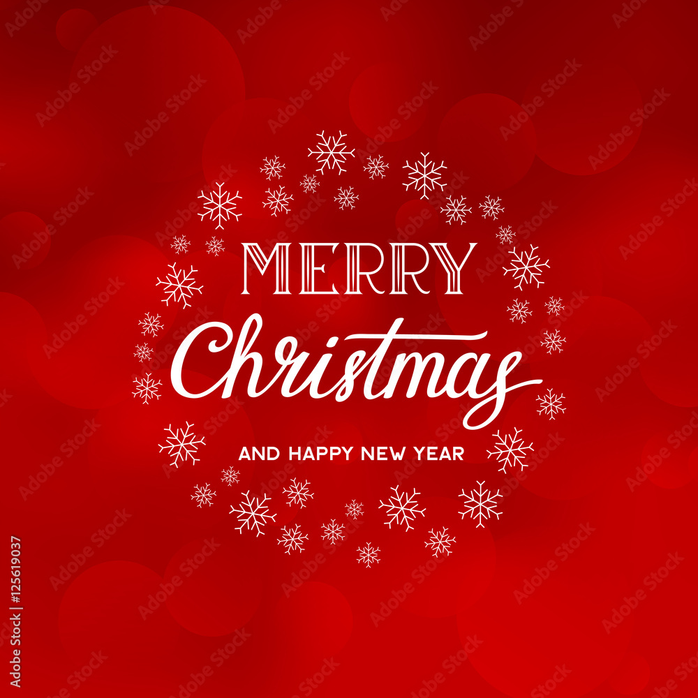 Merry Christmas and Happy New Year text on the red background with snowflakes. Vector lettering. Xmas card.