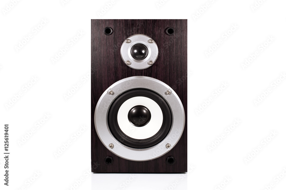Audio speaker in a wooden case. Isolated on white background Audio speaker in a wooden case. Isolated on white background