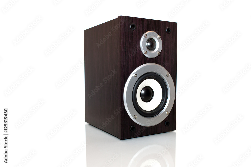 Audio speaker in a wooden case. Isolated on white background Audio speaker in a wooden case. Isolated on white background