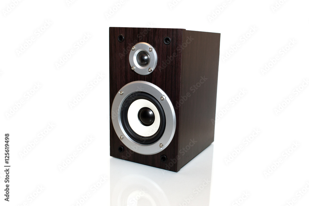 Audio speaker in a wooden case. Isolated on white background Audio speaker in a wooden case. Isolated on white background